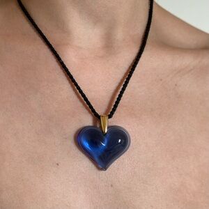 Lalique Black Necklace with Amoureuse Crystal Blue Heart Pendant Necklace